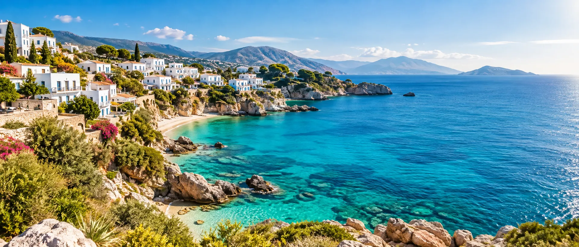 Illustrative Mediterranean coastline with white buildings and turquoise water